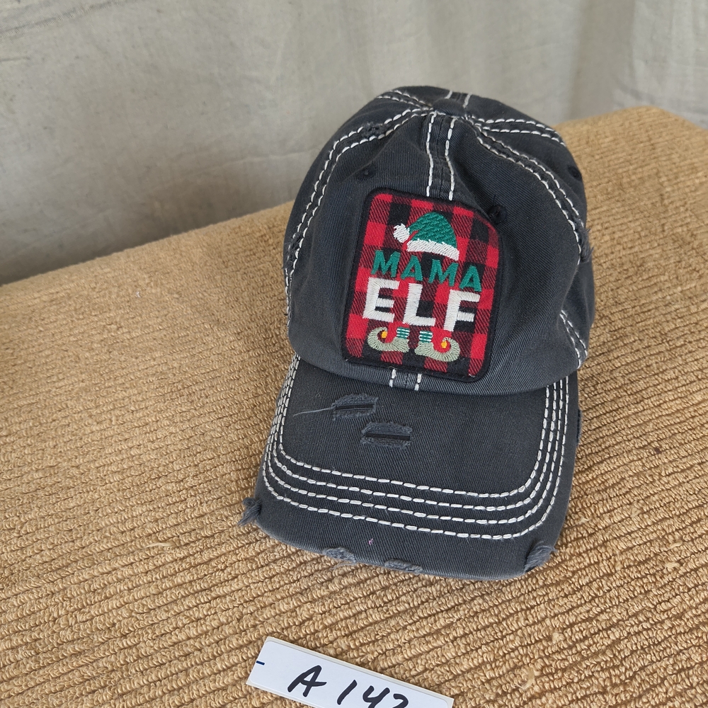 Mama Elf Women's Adjustable Cap Distressed Black With White Top Stitching